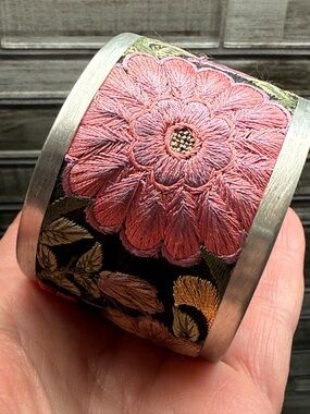 Embroidered Floral Cuff Embroidery fabric over silver tone Bracelet - black pink